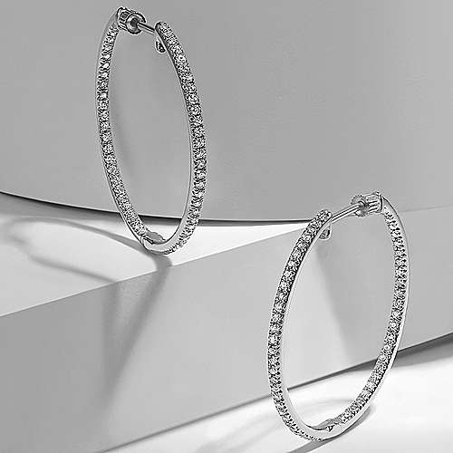 14K White Hoops 14K White Gold Prong Set 30mm Round Inside Out Diamond Hoop Earrings Surrey Vancouver Canada Langley Burnaby Richmond