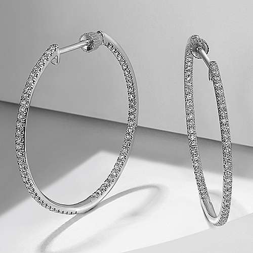 14K White Hoops 14K White Gold French Pave 30mm Round Inside Out Diamond Hoop Earrings Surrey Vancouver Canada Langley Burnaby Richmond