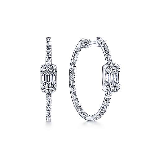 18K White Hoops 18K White Gold 30mm Baguette with Halo Station Diamond Hoop Earrings Surrey Vancouver Canada Langley Burnaby Richmond