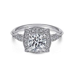 Vintage Inspired 18K White Gold Cushion Halo Round Diamond Engagement Ring Surrey Vancouver Canada Langley Burnaby Richmond