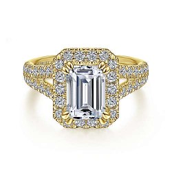 14K Yellow Gold Halo Emerald Cut Diamond Engagement Ring Surrey Vancouver Canada Langley Burnaby Richmond