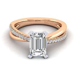 14K White-Rose Gold Emerald Cut Diamond Criss Cross Engagement Ring Surrey Vancouver Canada Langley Burnaby Richmond