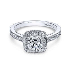 Vintage Inspired 14K White Gold Cushion Halo Diamond Engagement Ring Surrey Vancouver Canada Langley Burnaby Richmond