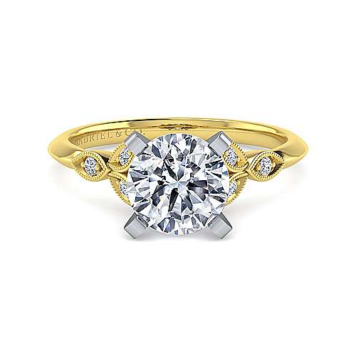 14K WhiteYellow Split shank Vintage Inspired 14K White-Yellow Gold Split Shank Round Diamond Engagement Ring Surrey Vancouver Canada Langley Burnaby Richmond