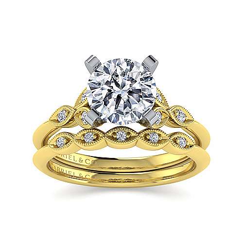 14K WhiteYellow Split shank Vintage Inspired 14K White-Yellow Gold Split Shank Round Diamond Engagement Ring Surrey Vancouver Canada Langley Burnaby Richmond