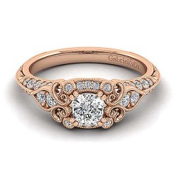 Unique 14K Rose Gold Vintage Inspired Cushion Cut Diamond Halo Engagement Ring Surrey Vancouver Canada Langley Burnaby Richmond