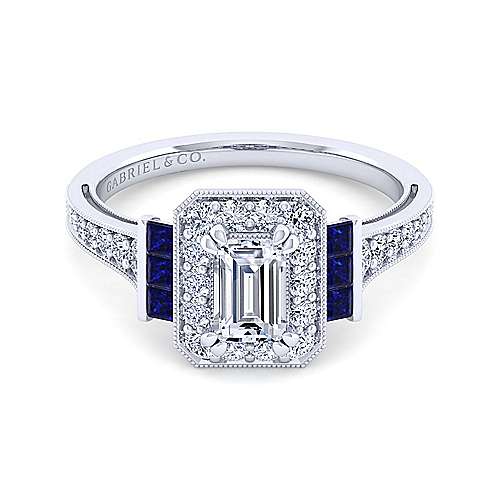 14K White Halo Vintage Inspired 14K White Gold Halo Emerald Cut Sapphire and Diamond Engagement Ring Surrey Vancouver Canada Langley Burnaby Richmond