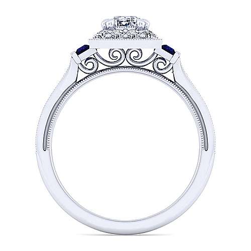 14K White Halo Vintage Inspired 14K White Gold Halo Emerald Cut Sapphire and Diamond Engagement Ring Surrey Vancouver Canada Langley Burnaby Richmond