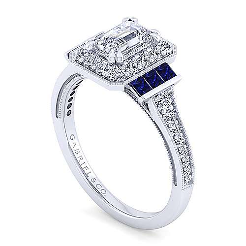 14K White Halo Vintage Inspired 14K White Gold Halo Emerald Cut Sapphire and Diamond Engagement Ring Surrey Vancouver Canada Langley Burnaby Richmond