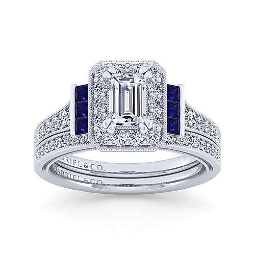 14K White Halo Vintage Inspired 14K White Gold Halo Emerald Cut Sapphire and Diamond Engagement Ring Surrey Vancouver Canada Langley Burnaby Richmond