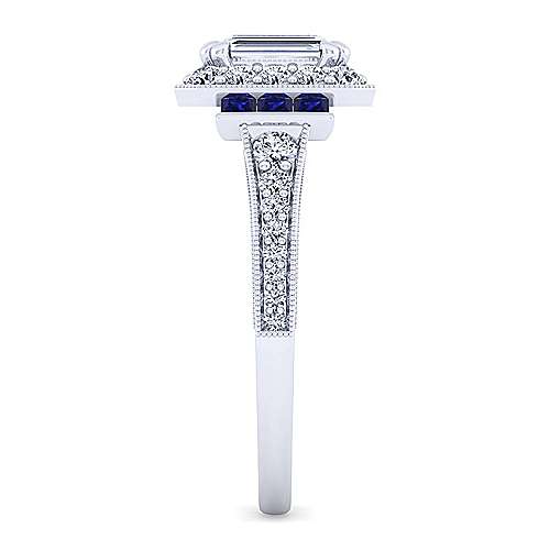 14K White Halo Vintage Inspired 14K White Gold Halo Emerald Cut Sapphire and Diamond Engagement Ring Surrey Vancouver Canada Langley Burnaby Richmond