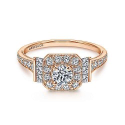 Vintage Inspired 14K Rose Gold Round Halo Diamond Engagement Ring Surrey Vancouver Canada Langley Burnaby Richmond