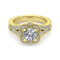 Vintage Inspired 14K Yellow Gold Round Halo Diamond Engagement Ring Surrey Vancouver Canada Langley Burnaby Richmond