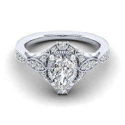 Unique Platinum Vintage Inspired Pear Shape Diamond Halo Engagement Ring Surrey Vancouver Canada Langley Burnaby Richmond