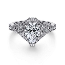 Unique 14K White Gold Vintage Inspired Pear Shape Diamond Halo Engagement Ring Surrey Vancouver Canada Langley Burnaby Richmond