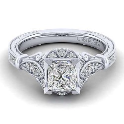 Unique 14K White Gold Vintage Inspired Princess Cut Halo Diamond Engagement Ring Surrey Vancouver Canada Langley Burnaby Richmond