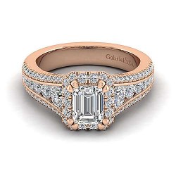 14K Rose Gold Halo Emerald Cut Diamond Engagement Ring Surrey Vancouver Canada Langley Burnaby Richmond