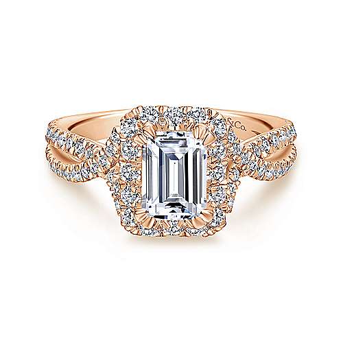 14K Rose Halo 14K Rose Gold Halo Emerald Cut Diamond Engagement Ring Surrey Vancouver Canada Langley Burnaby Richmond