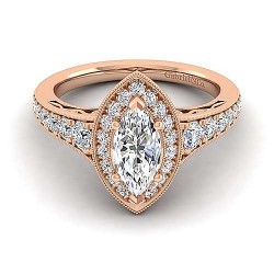 Vintage Inspired 14K Rose Gold Marquise Halo Diamond Engagement Ring Surrey Vancouver Canada Langley Burnaby Richmond