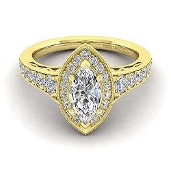 Vintage Inspired 14K Yellow Gold Marquise Halo Diamond Engagement Ring Surrey Vancouver Canada Langley Burnaby Richmond