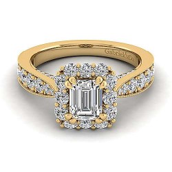 14K Yellow Gold Halo Emerald Cut Diamond Engagement Ring Surrey Vancouver Canada Langley Burnaby Richmond