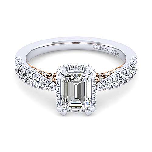 14K WhiteRose Halo 14K White-Rose Gold Emerald Cut Diamond Engagement Ring Surrey Vancouver Canada Langley Burnaby Richmond