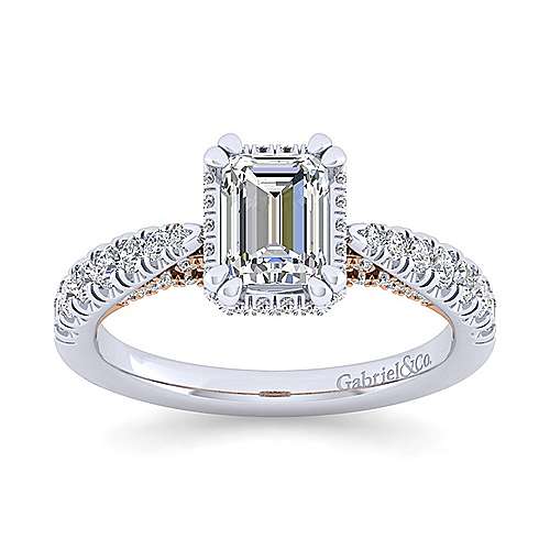 14K WhiteRose Halo 14K White-Rose Gold Emerald Cut Diamond Engagement Ring Surrey Vancouver Canada Langley Burnaby Richmond