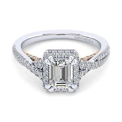 14K White-Rose Gold Halo Emerald Cut Diamond Engagement Ring Surrey Vancouver Canada Langley Burnaby Richmond