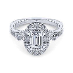 Unique 14K White Gold Art Deco Emerald Cut Halo Diamond Engagement Ring Surrey Vancouver Canada Langley Burnaby Richmond