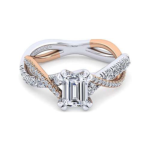 14K WhiteRose Free form 14K White-Rose Gold Emerald Cut Diamond Twisted Engagement Ring Surrey Vancouver Canada Langley Burnaby Richmond