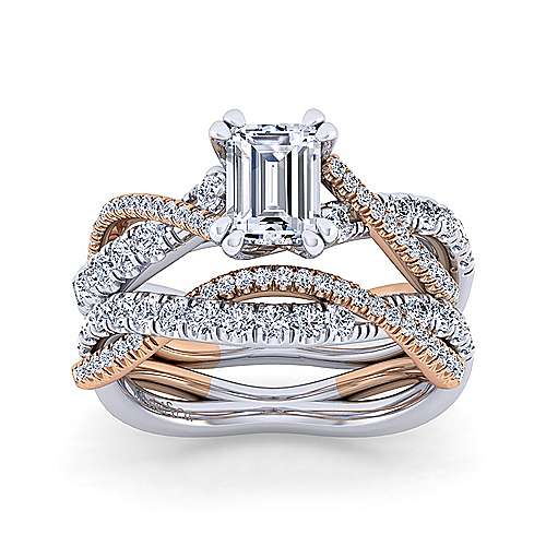 14K WhiteRose Free form 14K White-Rose Gold Emerald Cut Diamond Twisted Engagement Ring Surrey Vancouver Canada Langley Burnaby Richmond