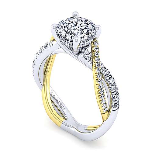 14K WhiteYellow Free form 14K White-Yellow Gold Round Diamond Twisted Engagement Ring Surrey Vancouver Canada Langley Burnaby Richmond