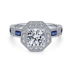 Art Deco 14K White Gold Octagonal Halo Round Sapphire and Diamond Engagement Ring Surrey Vancouver Canada Langley Burnaby Richmond