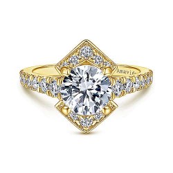 Art Deco 18K Yellow Gold Round Halo Diamond Engagement Ring Surrey Vancouver Canada Langley Burnaby Richmond