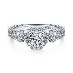 Art Deco 14K White Gold Octagonal Halo Round Diamond Engagement Ring Surrey Vancouver Canada Langley Burnaby Richmond