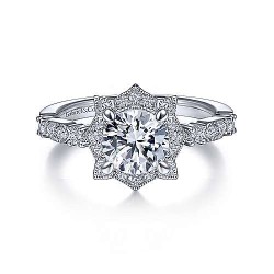 Vintage Inspired 14K White Gold Fancy Halo Round Diamond Engagement Ring Surrey Vancouver Canada Langley Burnaby Richmond