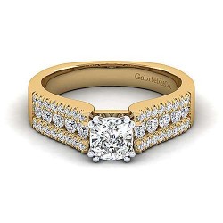 14K White-Yellow Gold Wide Band Cushion Cut Diamond Engagement Ring Surrey Vancouver Canada Langley Burnaby Richmond