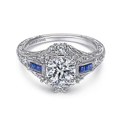 Unique Platinum Vintage Inspired Halo Sapphire and Diamond Engagement Ring Surrey Vancouver Canada Langley Burnaby Richmond