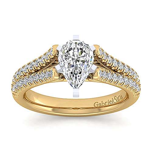 14K WhiteYellow Split shank 14K White-Yellow Gold Pear Shape Diamond Engagement Ring Surrey Vancouver Canada Langley Burnaby Richmond