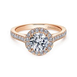 Vintage Inspired 14K Rose Gold Round Halo Diamond Engagement Ring Surrey Vancouver Canada Langley Burnaby Richmond