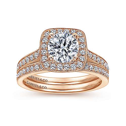 14K Rose Halo Vintage Inspired 14K Rose Gold Round Halo Diamond Engagement Ring Surrey Vancouver Canada Langley Burnaby Richmond