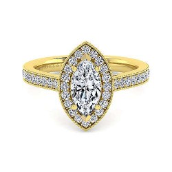 Vintage Inspired 14K Yellow Gold Marquise Halo Diamond Engagement Ring Surrey Vancouver Canada Langley Burnaby Richmond