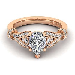 Vintage Inspired 14K Rose Gold Split Shank Pear Shape Diamond Engagement Ring Surrey Vancouver Canada Langley Burnaby Richmond