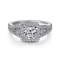 Vintage Inspired 14K White Gold Princess Halo Diamond Engagement Ring Surrey Vancouver Canada Langley Burnaby Richmond