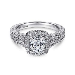 Vintage Inspired 14K White Gold Cushion Halo Diamond Engagement Ring Surrey Vancouver Canada Langley Burnaby Richmond