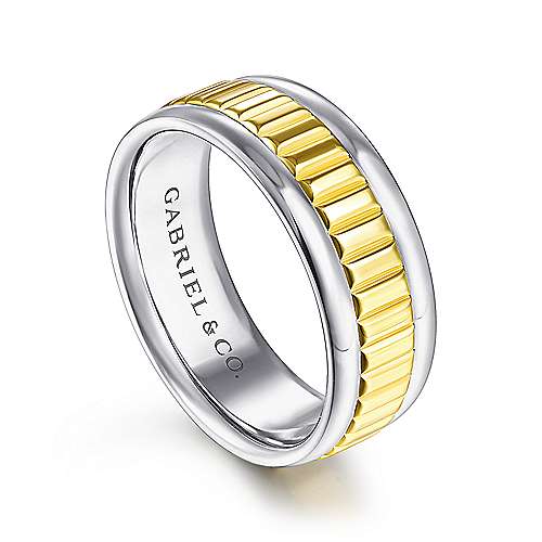 14K WhiteYellow Lux 14K White-Yellow Gold 8mm - Ridged Center Mens Wedding Band Surrey Vancouver Canada Langley Burnaby Richmond