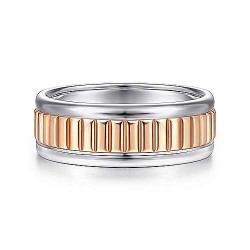 14K White-Rose Gold 8mm - Ridged Center Mens Wedding Band Surrey Vancouver Canada Langley Burnaby Richmond