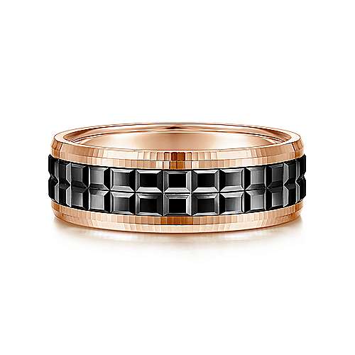 14K Rose Lux 14K Rose Gold-Black Rhodium 7mm - Center Cubes and Beveled Edge Mens Wedding Band Surrey Vancouver Canada Langley Burnaby Richmond