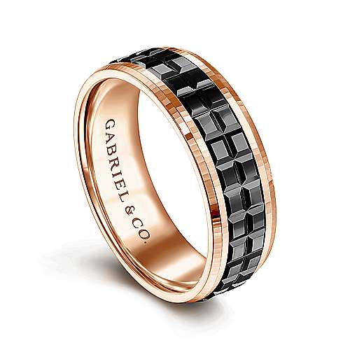 14K Rose Lux 14K Rose Gold-Black Rhodium 7mm - Center Cubes and Beveled Edge Mens Wedding Band Surrey Vancouver Canada Langley Burnaby Richmond