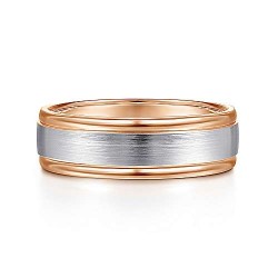 14K White-Rose Gold 7mm - Satin Finish Center and Polished Edge Mens Wedding Band Surrey Vancouver Canada Langley Burnaby Richmond